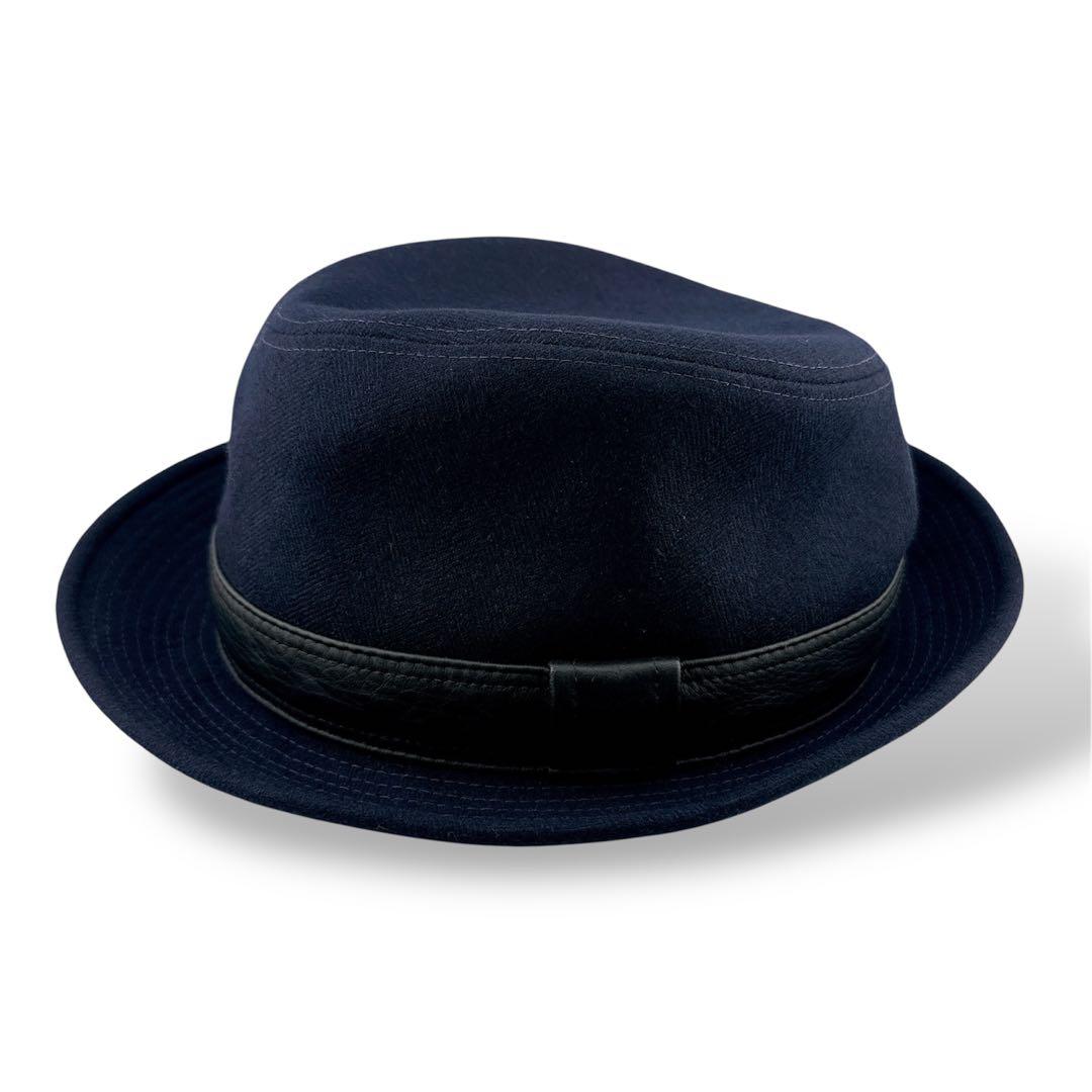 極美品◇エルメス ウール ハット 中折れハット ヘリンボーン織り ネイビー系