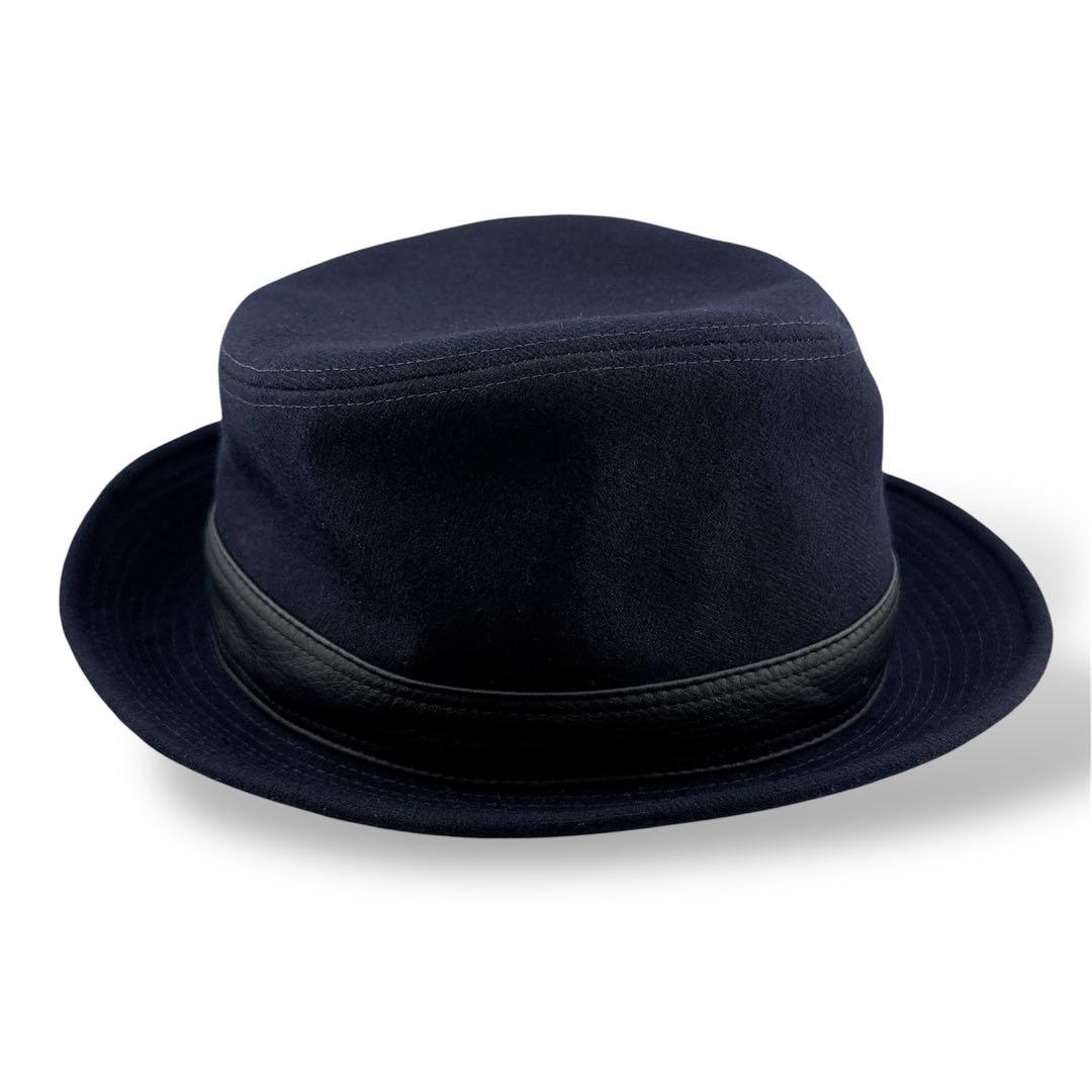 極美品◇エルメス ウール ハット 中折れハット ヘリンボーン織り ネイビー系