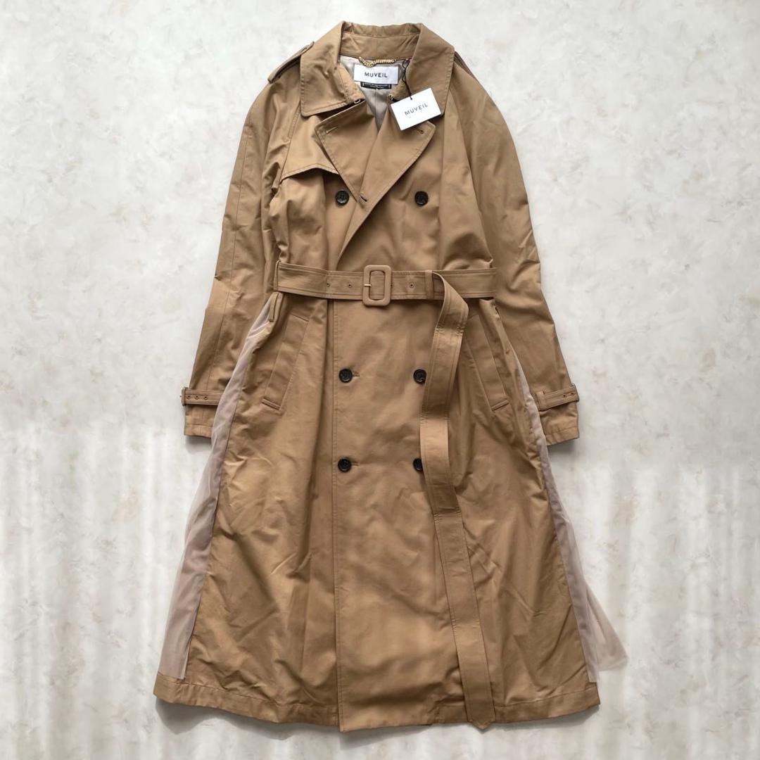 【新品】MUVEIL　プリーツトレンチコート オーガンジー　マキシ丈　40　L