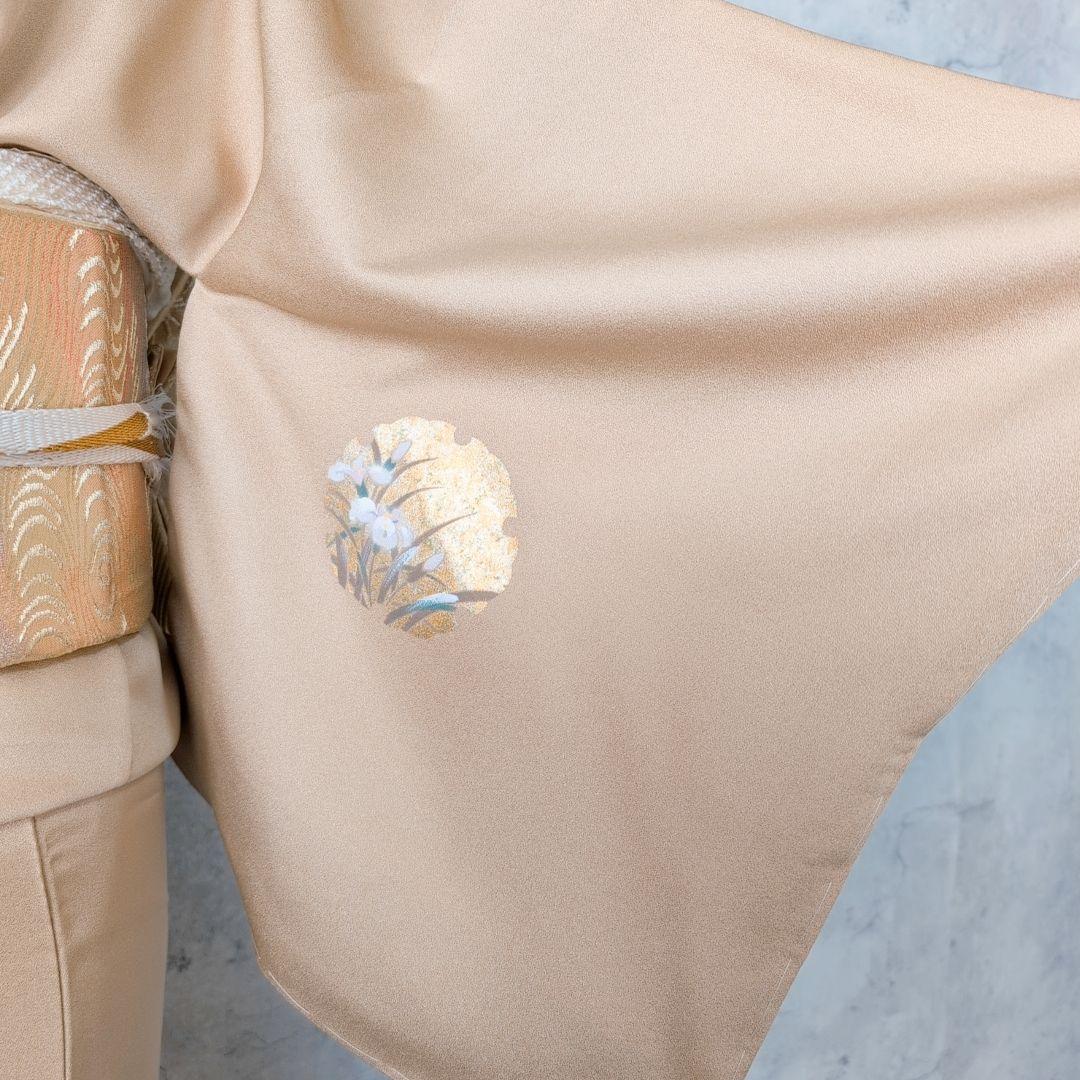 訪問着　フルセット　着物　正絹　ゴールドベージュ　Sサイズ　花　しつけ糸金　C1