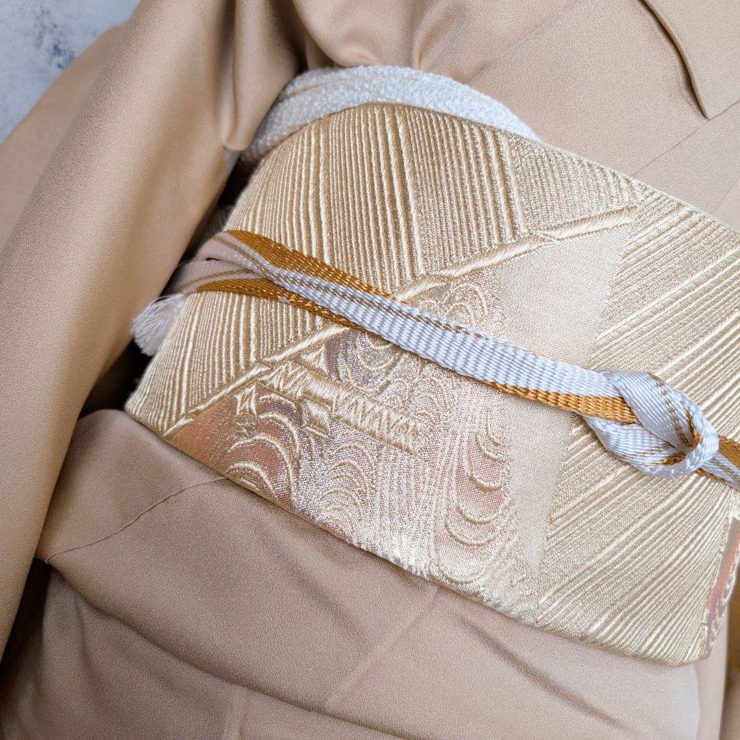 訪問着　フルセット　着物　正絹　ゴールドベージュ　Sサイズ　花　しつけ糸金　C1