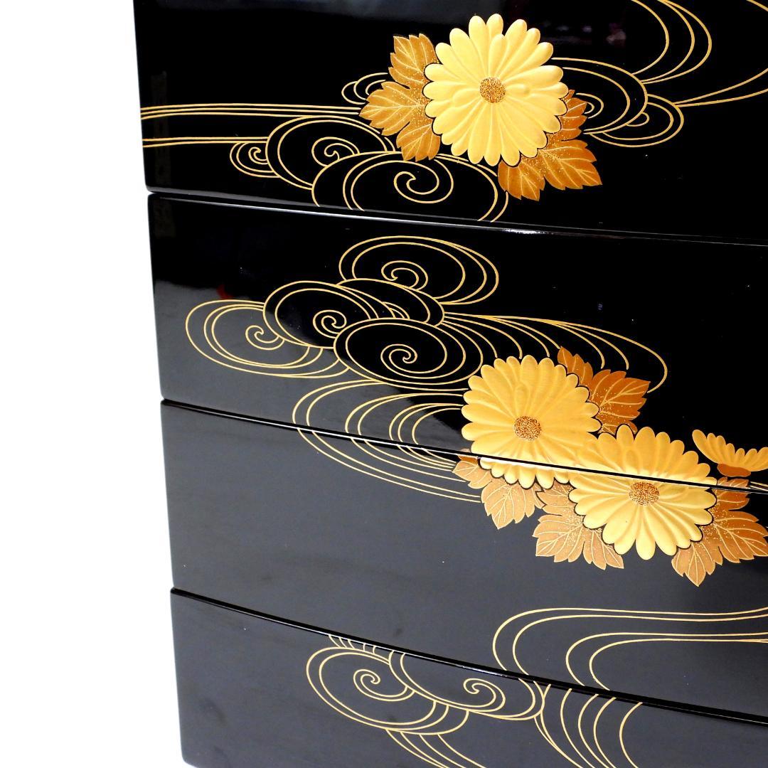 【まり】清光堂造 能登輪島塗 花筏蒔絵 四段重箱 台付 共箱