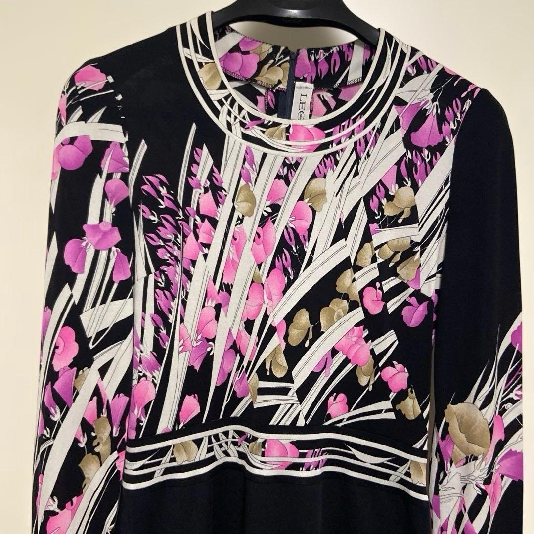 レオナール ワンピース 花柄 トリム ウエストマーク シルク フランス製 S相当