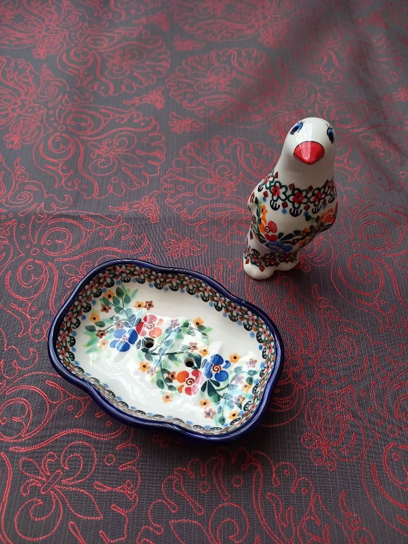 みーこ様御専用　ポーリッシュポタリー①石鹸皿②鳥置物③調味料入れ④小皿　新品