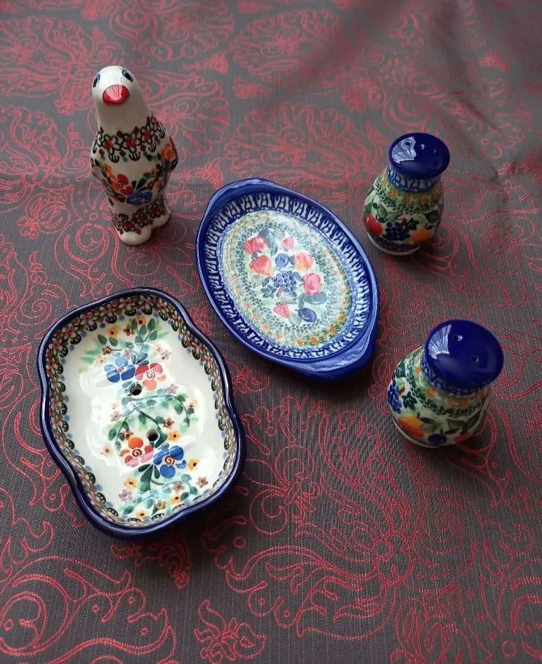 みーこ様御専用　ポーリッシュポタリー①石鹸皿②鳥置物③調味料入れ④小皿　新品