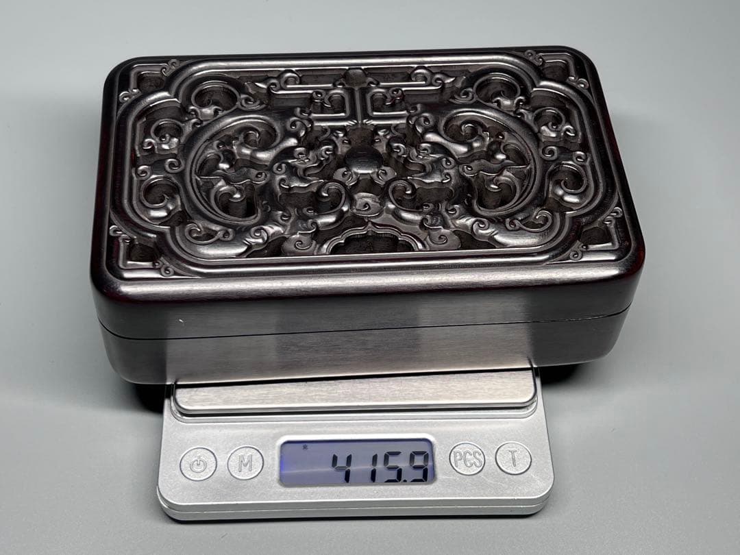 木製　小物入れ　紫檀　硯箱　透かし彫り　龍紋　極細工　文房具　中国美術　美品