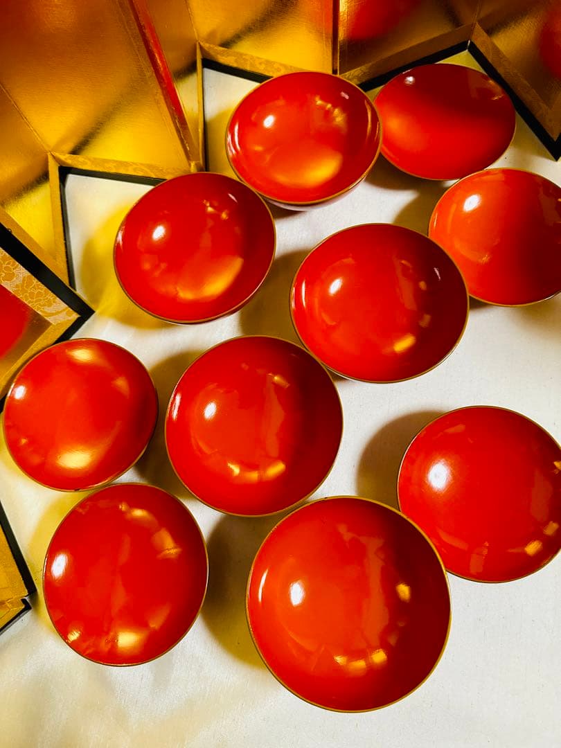 木製漆器 汁椀 吸物椀 朱色 骨董　金蒔絵 金縁 富士山/松/鶴 G52