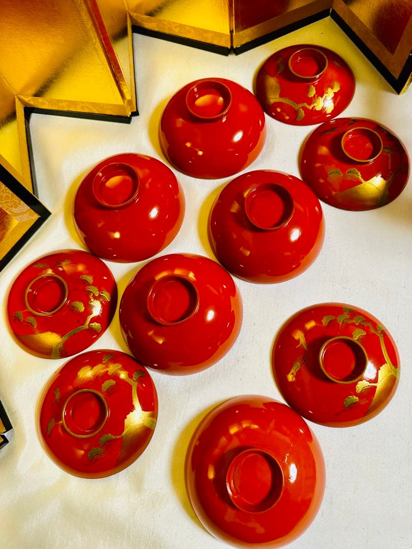 木製漆器 汁椀 吸物椀 朱色 骨董　金蒔絵 金縁 富士山/松/鶴 G52