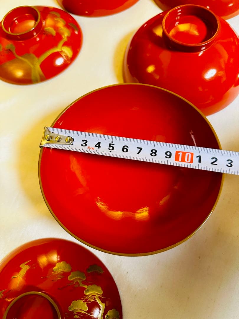 木製漆器 汁椀 吸物椀 朱色 骨董　金蒔絵 金縁 富士山/松/鶴 G52