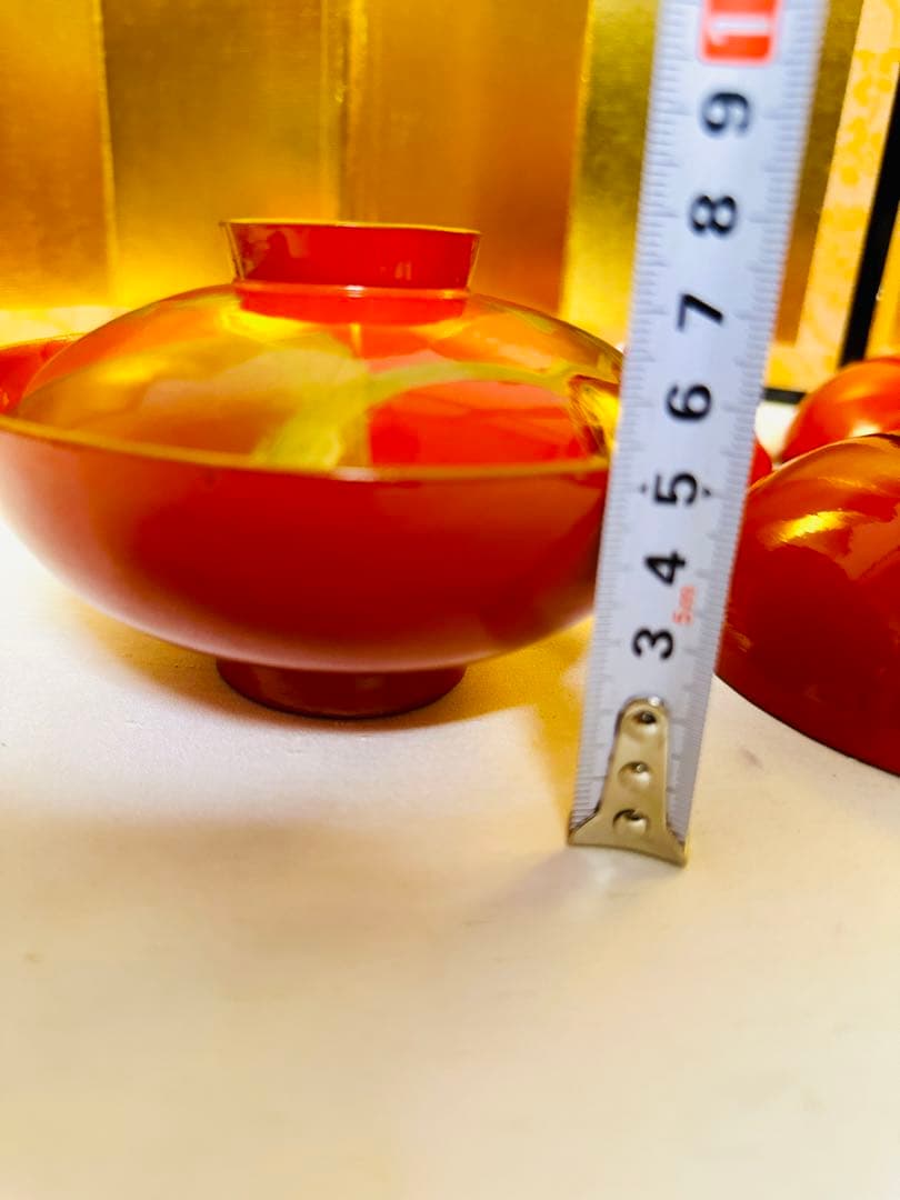 木製漆器 汁椀 吸物椀 朱色 骨董　金蒔絵 金縁 富士山/松/鶴 G52