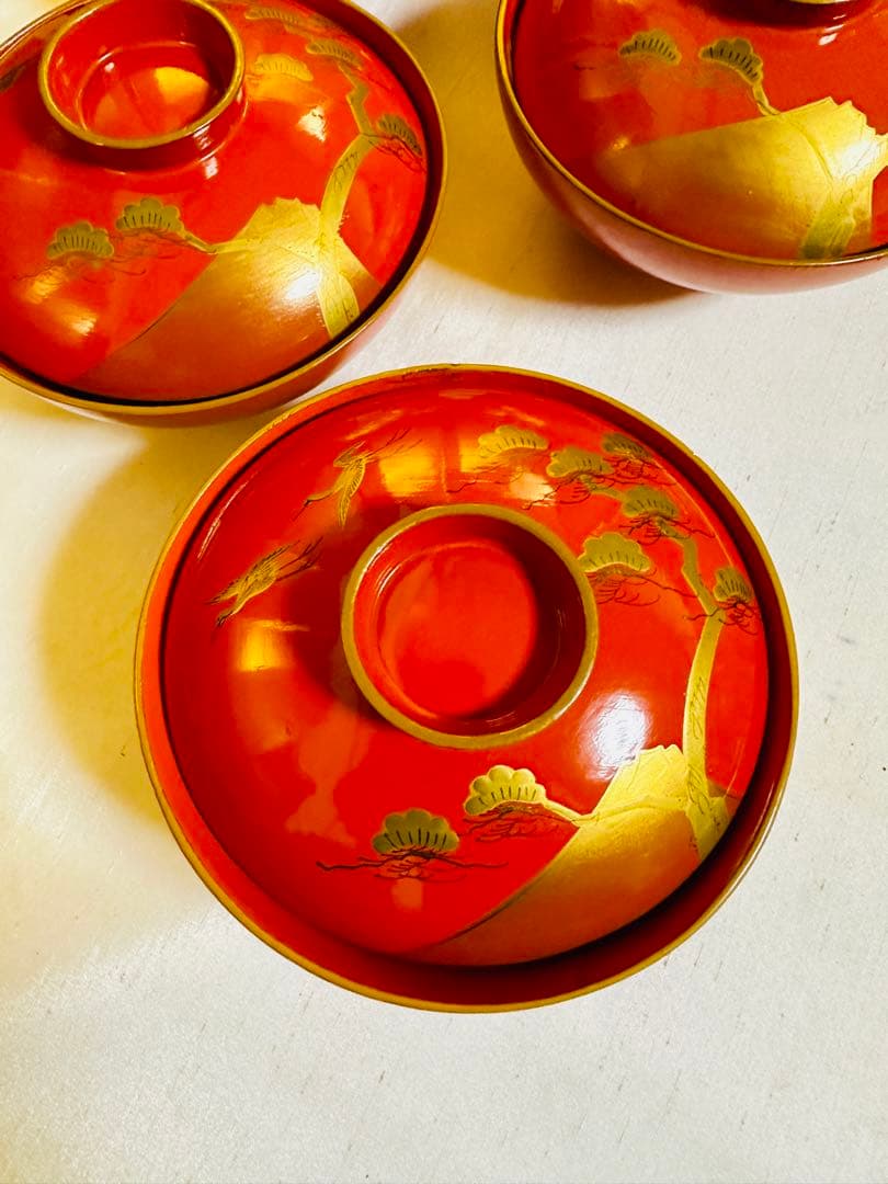 木製漆器 汁椀 吸物椀 朱色 骨董　金蒔絵 金縁 富士山/松/鶴 G52