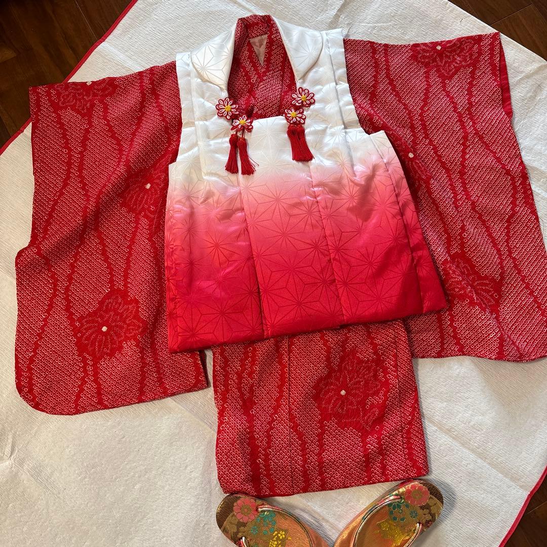 七五三　三歳　正絹総絞り着物 被布、草履セット