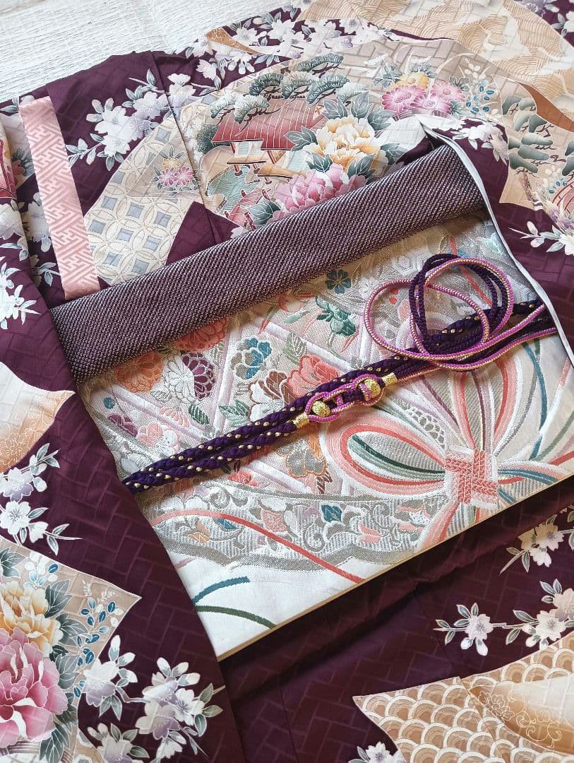 振袖フルセット　美品　パープル系　ロマンチックな古典柄　丈160　裄66.5