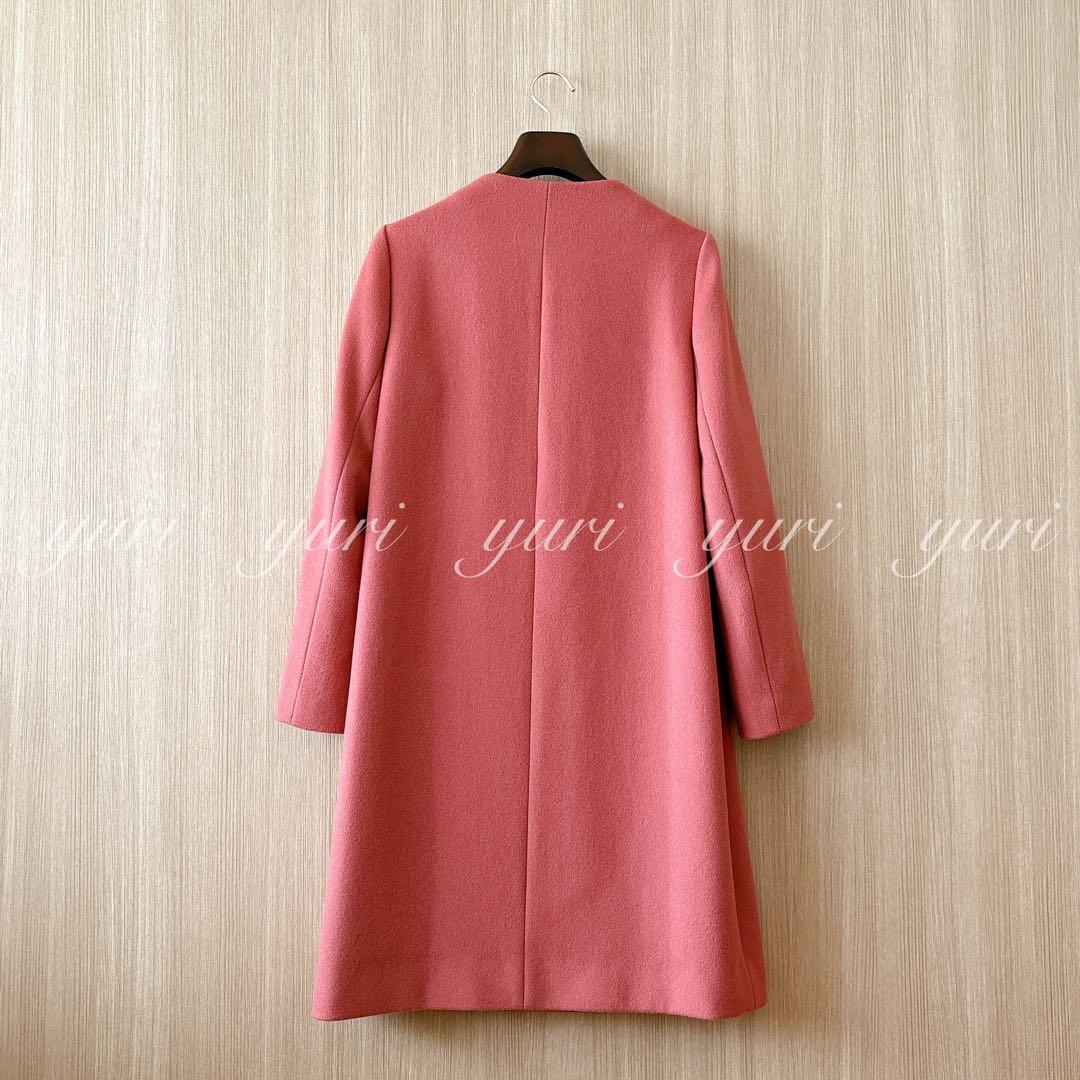 【979】アナイ　メルトンノーカラーロング コート　くすみローズピンク 36　A