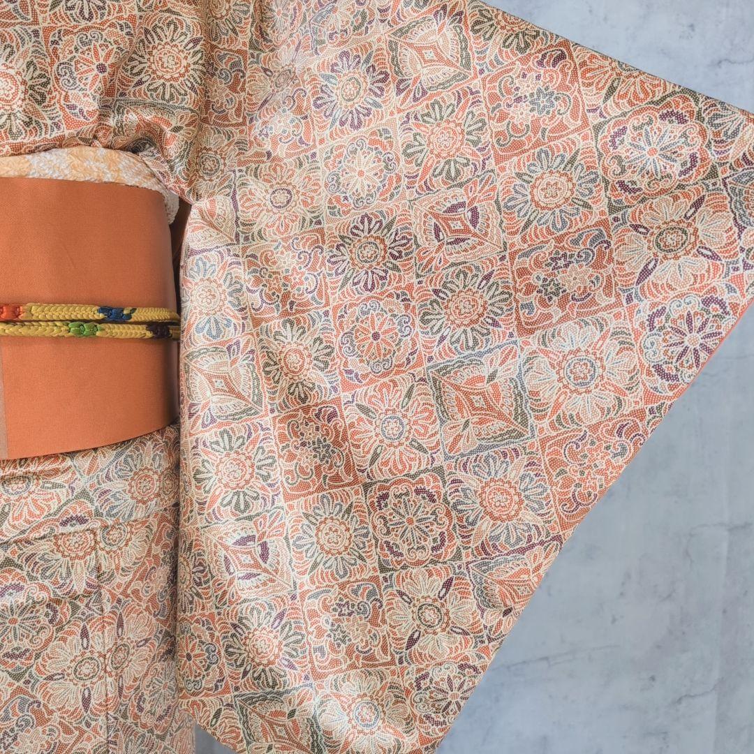 小紋　フルセット　着物　赤橙　オリエンタル　花　O5