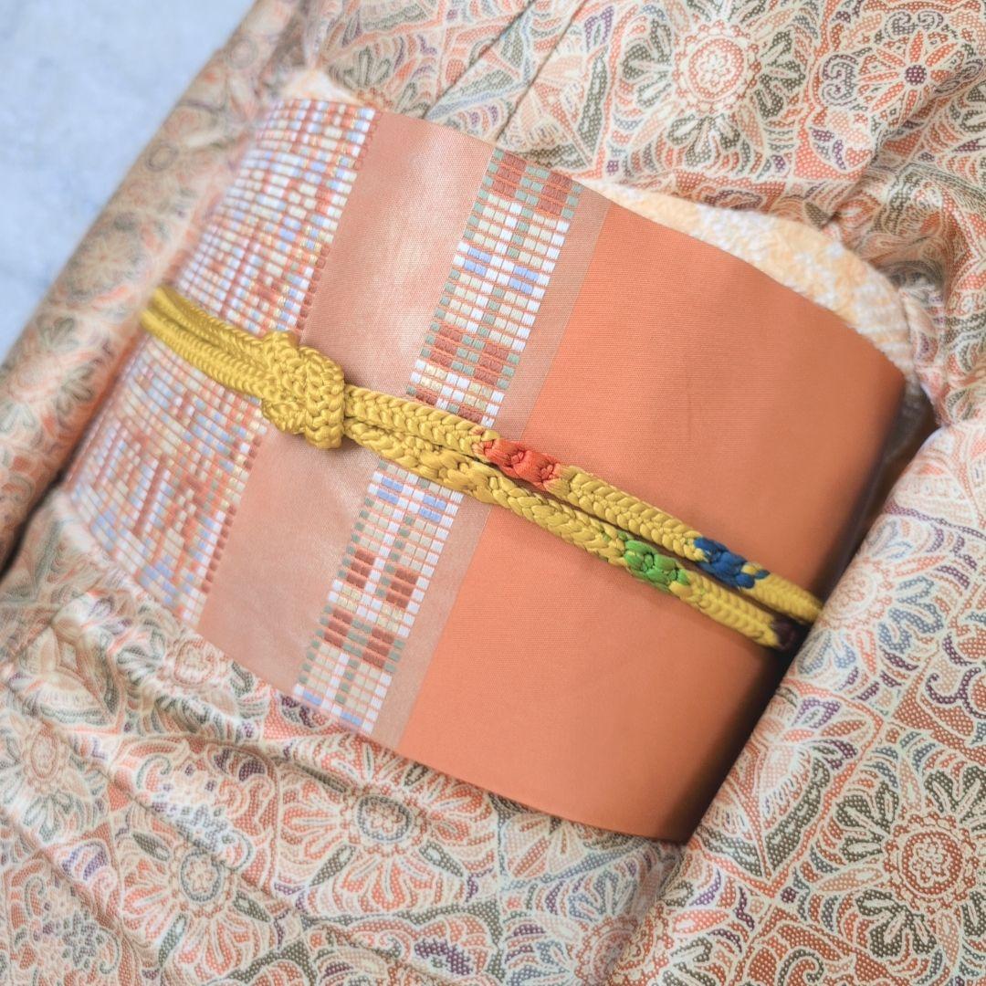 小紋　フルセット　着物　赤橙　オリエンタル　花　O5