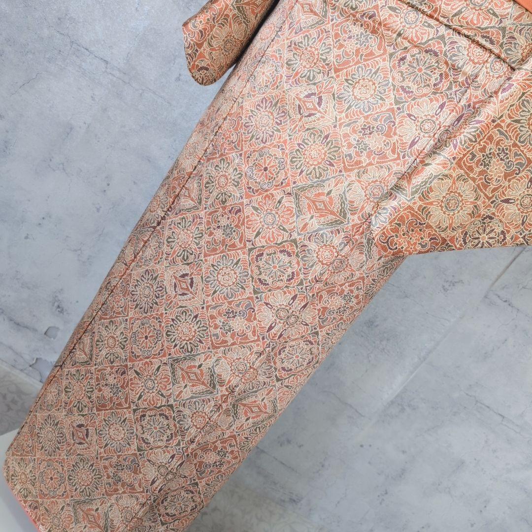 小紋　フルセット　着物　赤橙　オリエンタル　花　O5