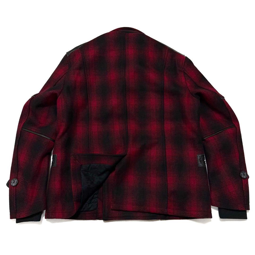 【美品】 VANSON メルトン Pコート 本革 レザー切替 チェック 裏地総柄