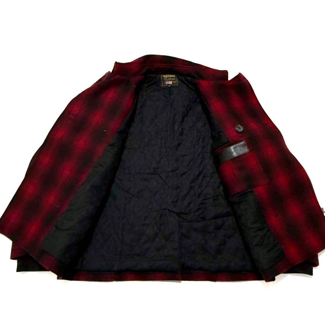【美品】 VANSON メルトン Pコート 本革 レザー切替 チェック 裏地総柄