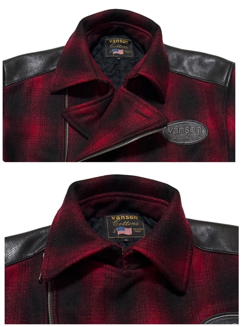 【美品】 VANSON メルトン Pコート 本革 レザー切替 チェック 裏地総柄