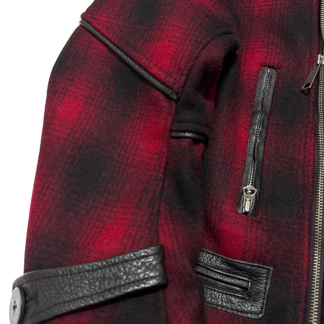 【美品】 VANSON メルトン Pコート 本革 レザー切替 チェック 裏地総柄