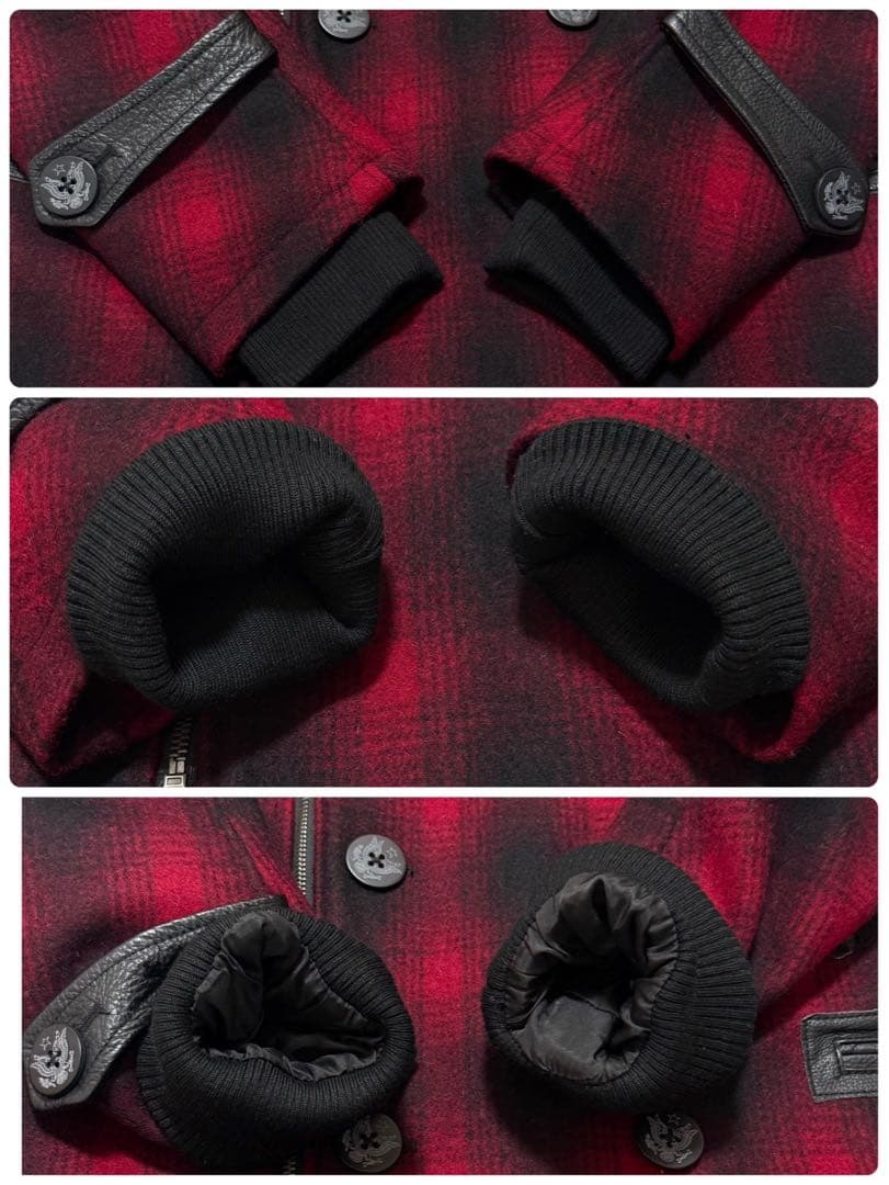 【美品】 VANSON メルトン Pコート 本革 レザー切替 チェック 裏地総柄