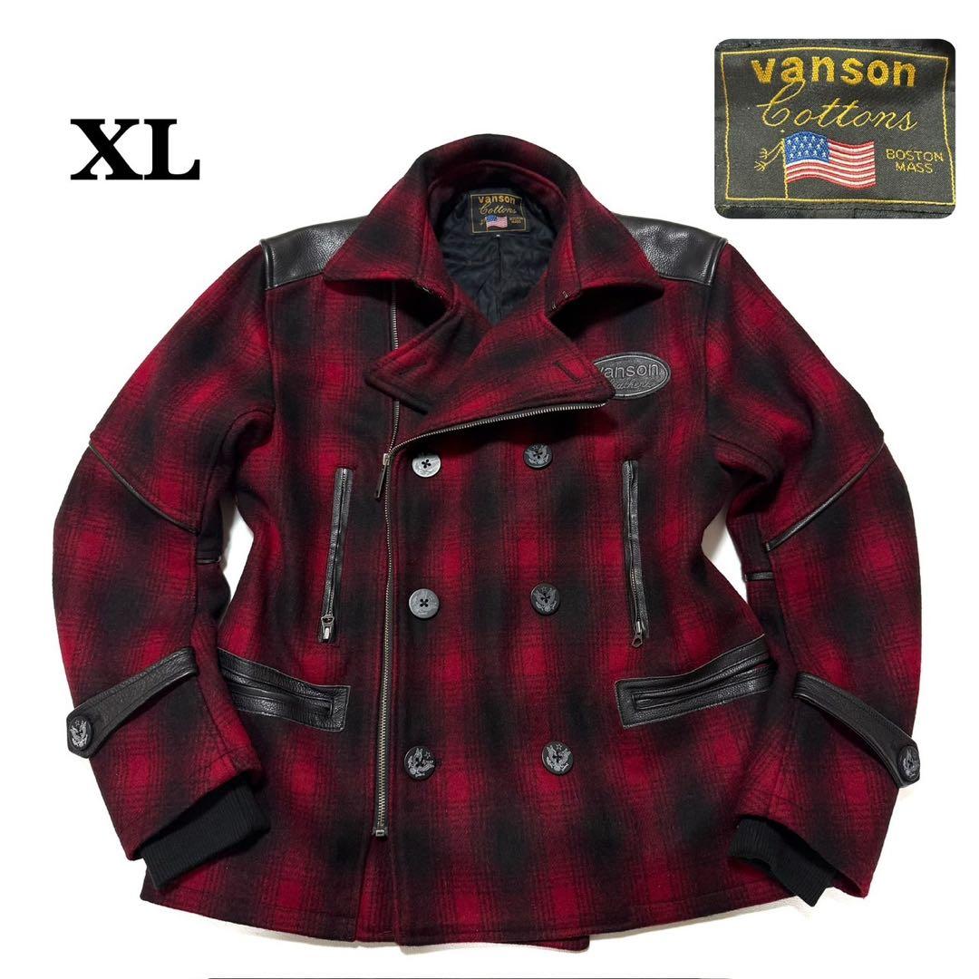 【美品】 VANSON メルトン Pコート 本革 レザー切替 チェック 裏地総柄