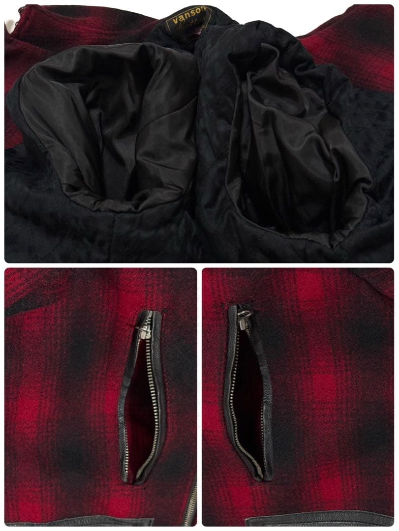 【美品】 VANSON メルトン Pコート 本革 レザー切替 チェック 裏地総柄