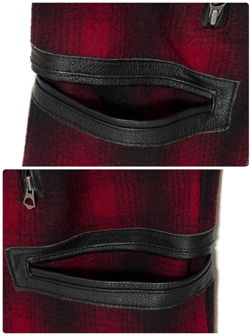 【美品】 VANSON メルトン Pコート 本革 レザー切替 チェック 裏地総柄