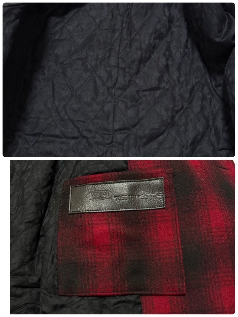 【美品】 VANSON メルトン Pコート 本革 レザー切替 チェック 裏地総柄