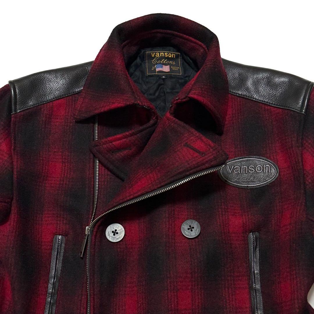 【美品】 VANSON メルトン Pコート 本革 レザー切替 チェック 裏地総柄