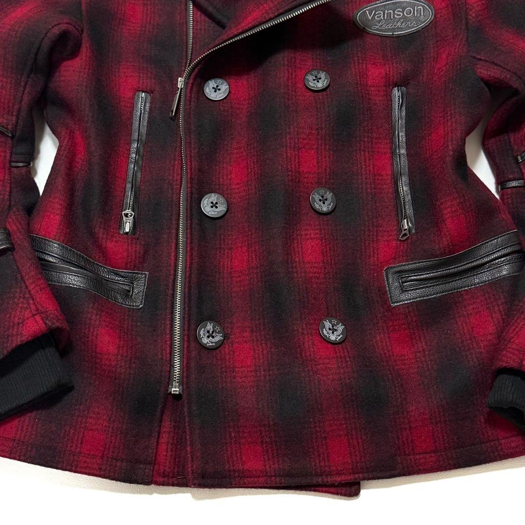 【美品】 VANSON メルトン Pコート 本革 レザー切替 チェック 裏地総柄