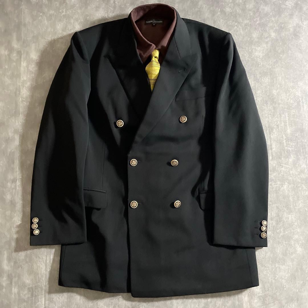 極上 漆黒ウール 黒金ボタン ダブルブレストスーツ × VERUSACEネクタイ