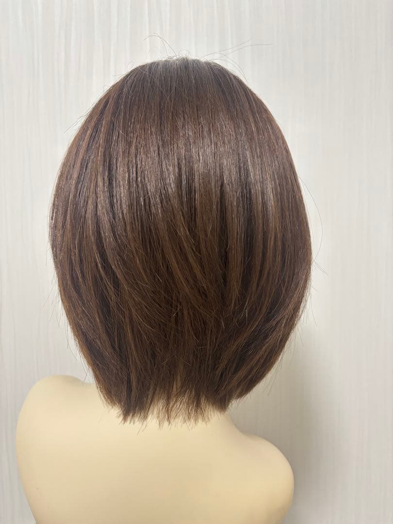 医療用フルウィッグ人毛100%フロントレースショートボブ抗がん剤脱毛症　着画有り