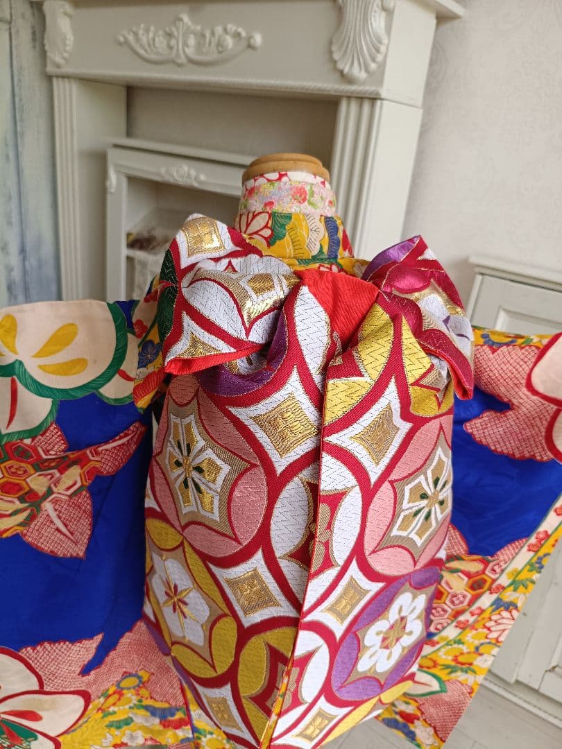 専用です☆アンティーク青に捻り梅の着物と作り帯のセット☆七五三3歳