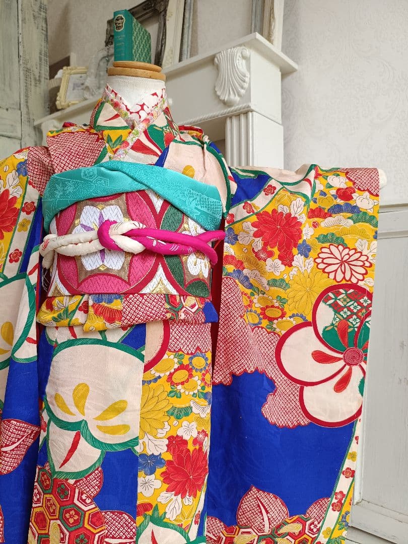 専用です☆アンティーク青に捻り梅の着物と作り帯のセット☆七五三3歳