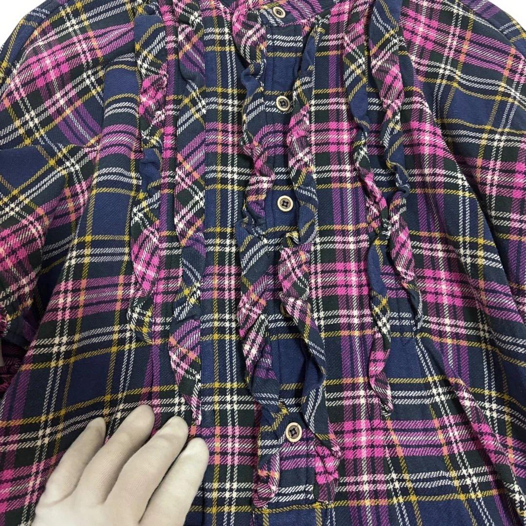 美品 45R インドネル フリルチュニック チェック 背中Rロゴ刺繍 ピンク F