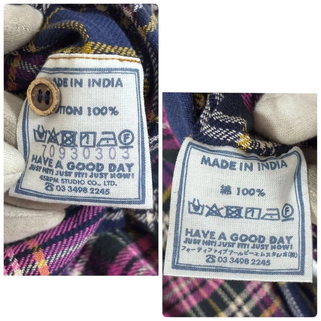 美品 45R インドネル フリルチュニック チェック 背中Rロゴ刺繍 ピンク F