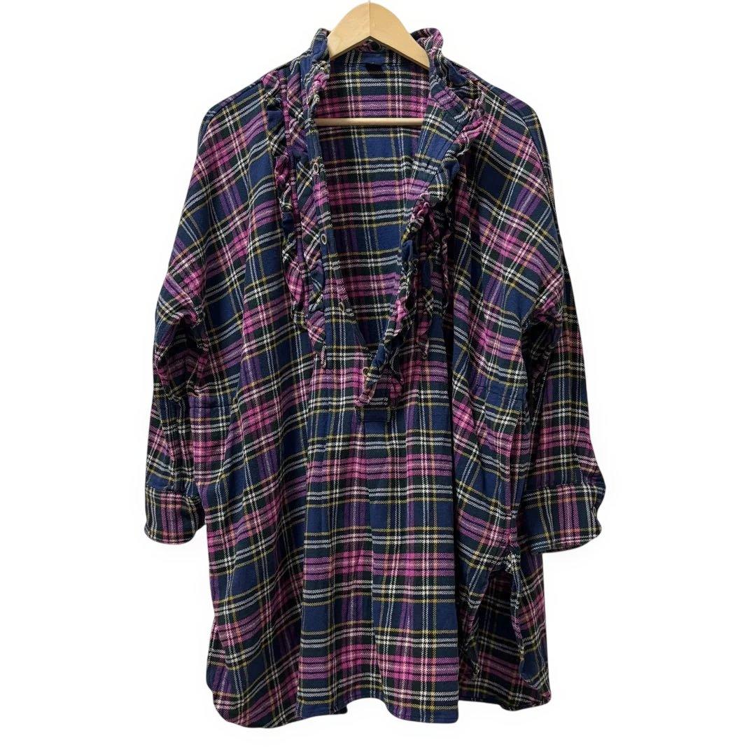 美品 45R インドネル フリルチュニック チェック 背中Rロゴ刺繍 ピンク F