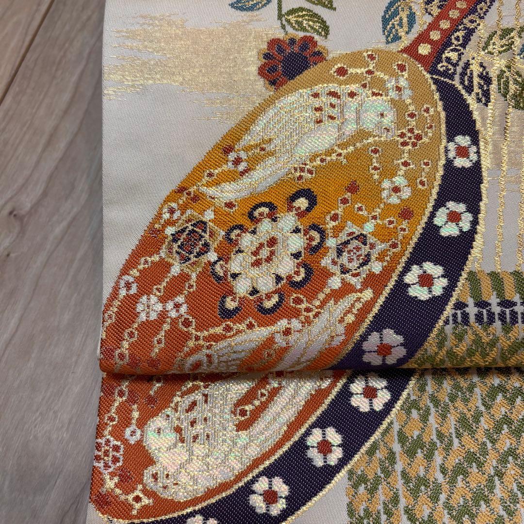 美品　正絹　六通　袋帯　着物　龍村晋　落款 427 橙色　月琴　箜篌　雅楽　金糸