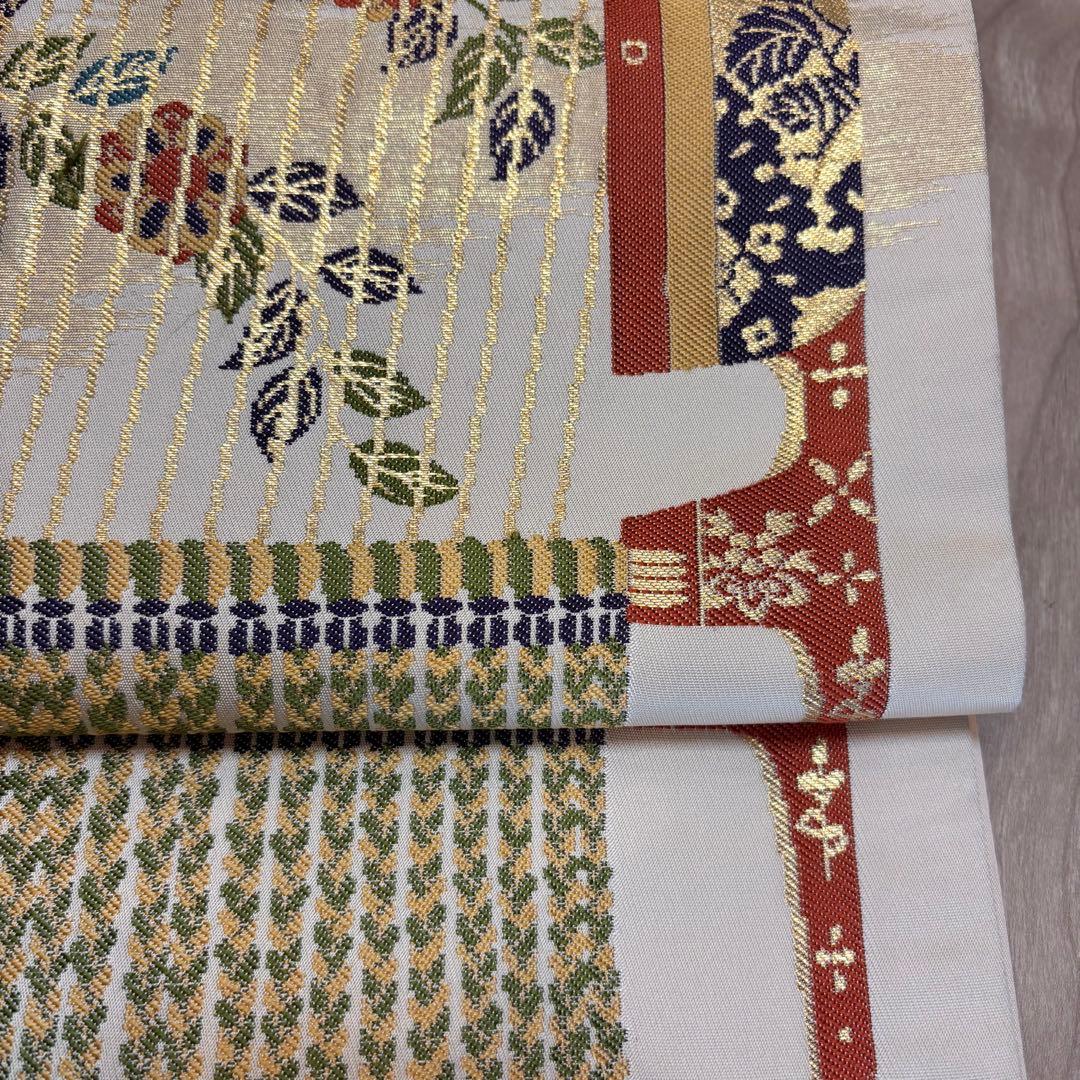 美品　正絹　六通　袋帯　着物　龍村晋　落款 427 橙色　月琴　箜篌　雅楽　金糸