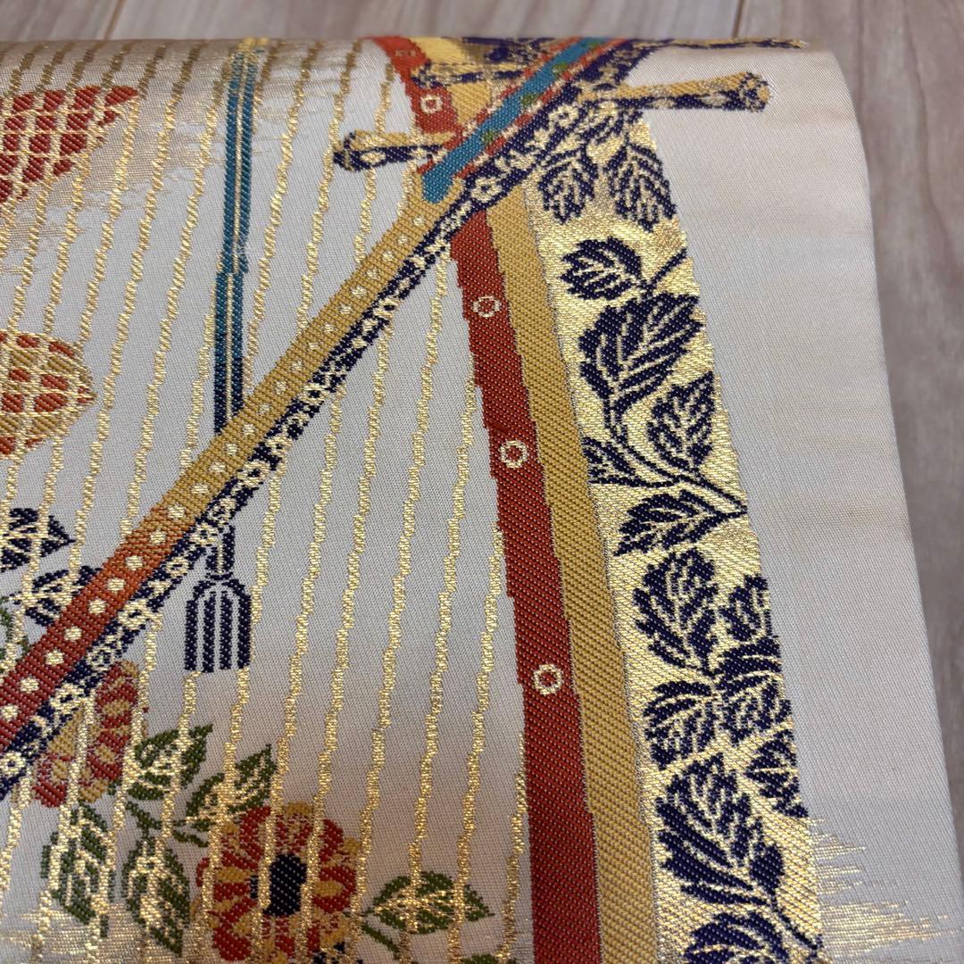 美品　正絹　六通　袋帯　着物　龍村晋　落款 427 橙色　月琴　箜篌　雅楽　金糸