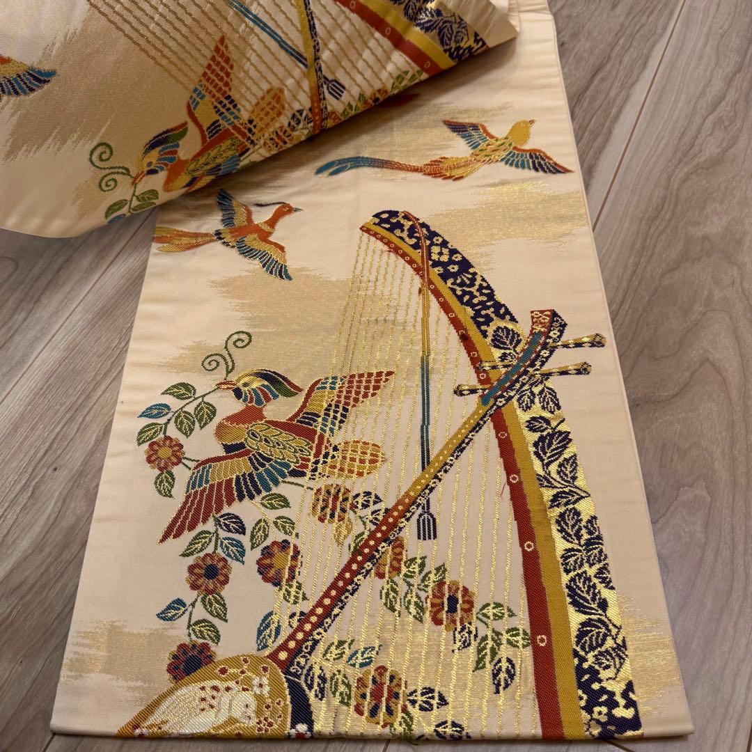 美品　正絹　六通　袋帯　着物　龍村晋　落款 427 橙色　月琴　箜篌　雅楽　金糸