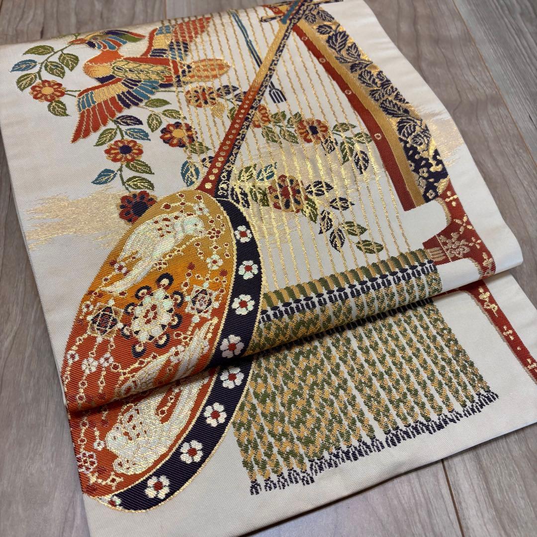美品　正絹　六通　袋帯　着物　龍村晋　落款 427 橙色　月琴　箜篌　雅楽　金糸