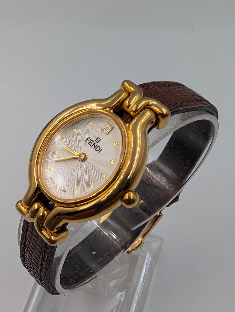 フェンディ レディース腕時計☆ゴールド/ブラウン☆2針☆ベルト訳あり☆電池交換済