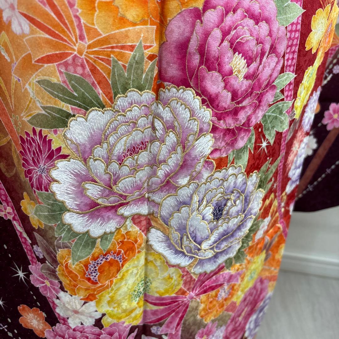 未使用に近い　正絹振袖フルセット　刺繍　金彩　銀通し　ラメオレンジ　牡丹　成人式