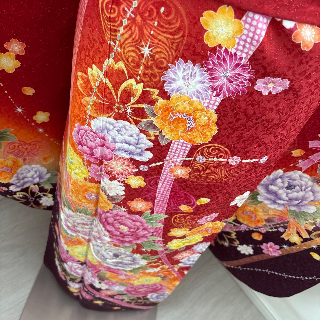 未使用に近い　正絹振袖フルセット　刺繍　金彩　銀通し　ラメオレンジ　牡丹　成人式