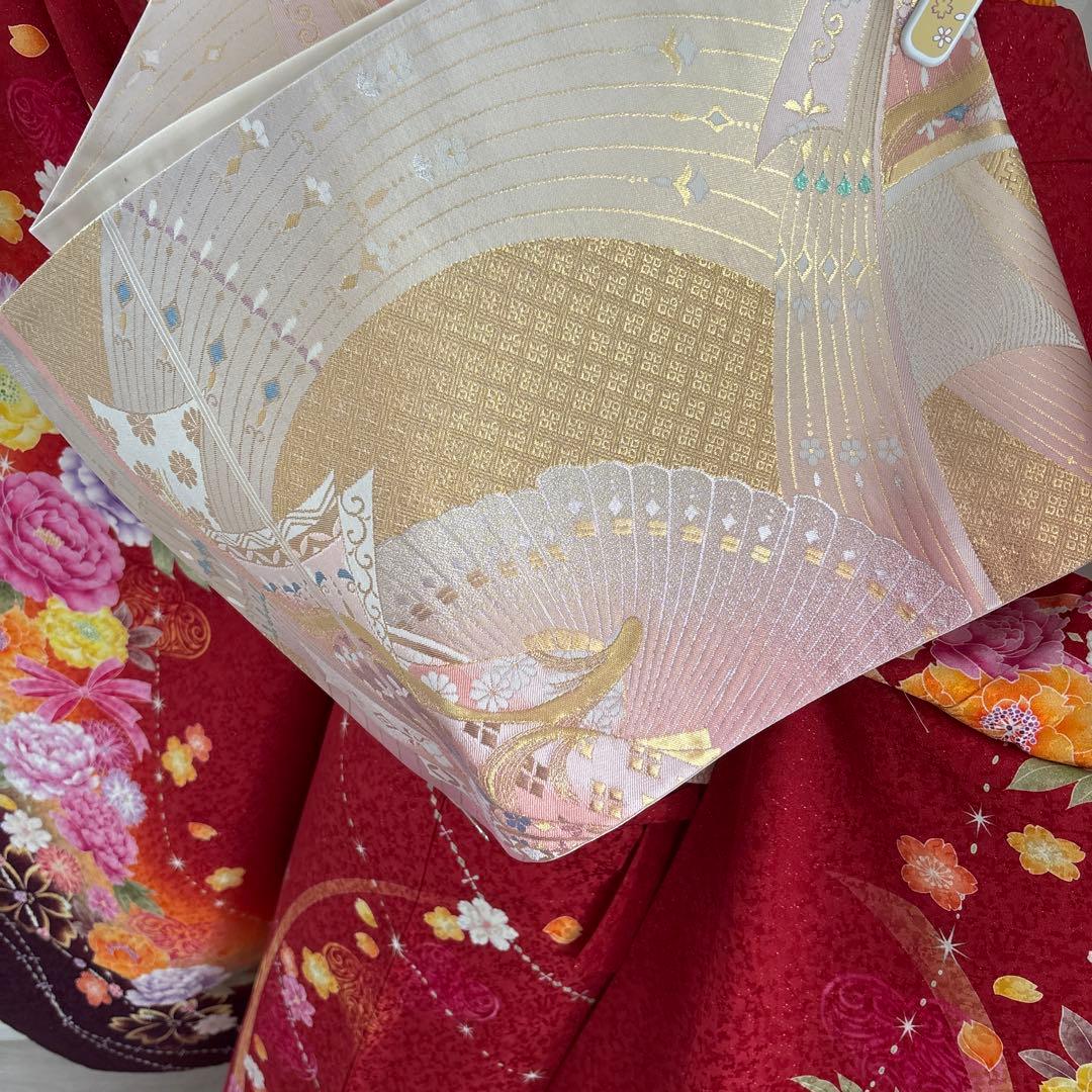 未使用に近い　正絹振袖フルセット　刺繍　金彩　銀通し　ラメオレンジ　牡丹　成人式