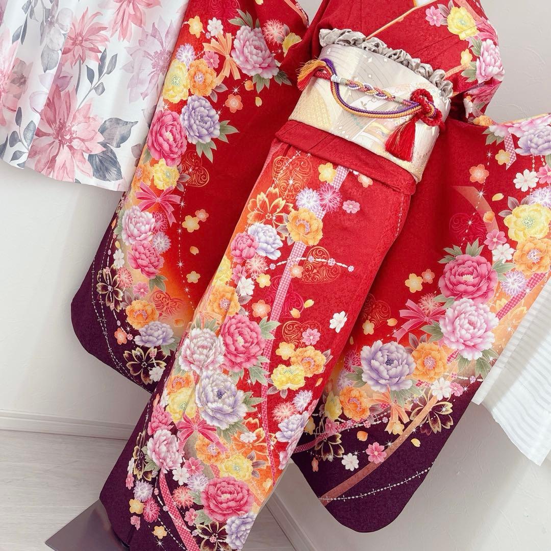 未使用に近い　正絹振袖フルセット　刺繍　金彩　銀通し　ラメオレンジ　牡丹　成人式