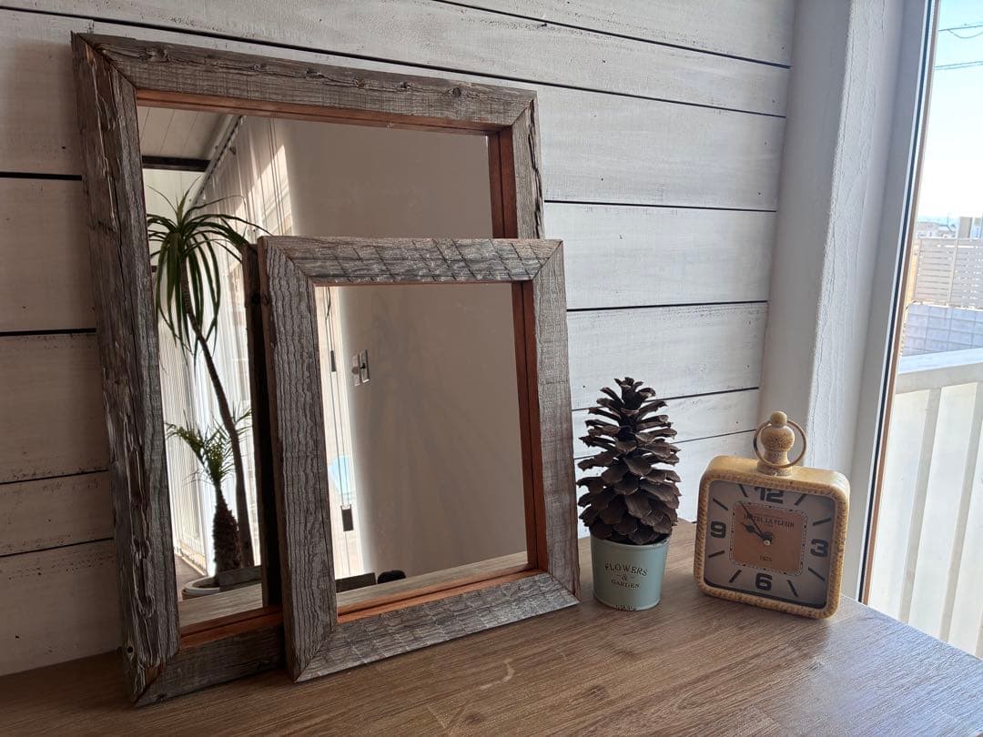 【大】海辺の潮風と太陽で天然エイジングされた無垢古木を使った壁掛けミラーNO.1